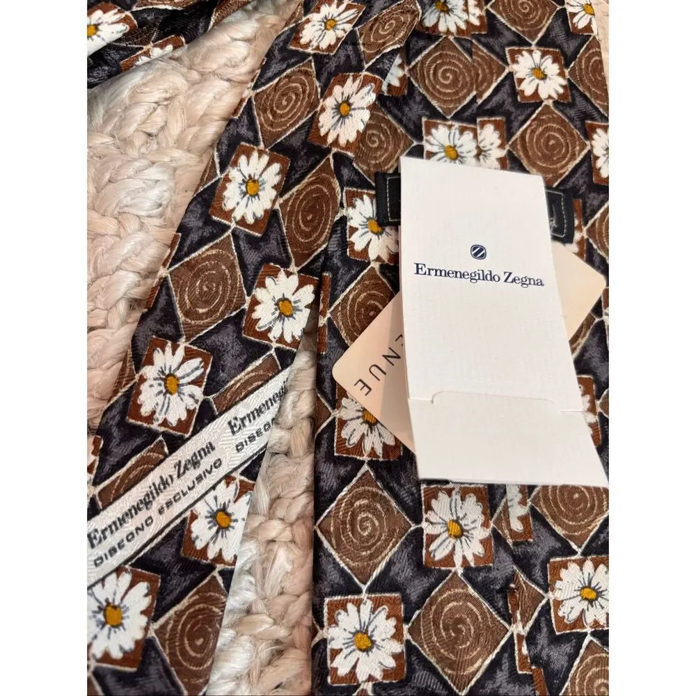 NWT Ermenegildo Zegna Italian Silk Floral Geometric Necktie Brown Black Designer